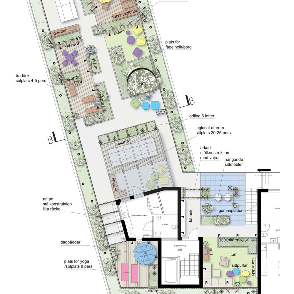 Det vinnande förslaget för takterrassen på Veidekke Bostads Brf Klätterträdet i Göteborg. Illustration: 02Landskap