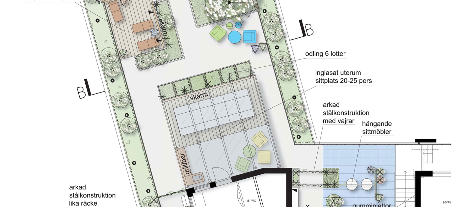 Det vinnande förslaget för takterrassen på Veidekke Bostads Brf Klätterträdet i Göteborg. Illustration: 02Landskap