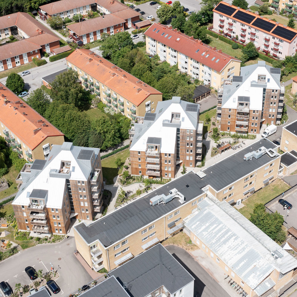 Grönalund. Tre hus i sju våningar med träfasad. 